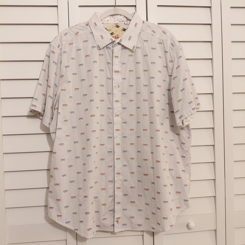 Men's Robert Graham White Shirt with Multicolor Glasses Print MB